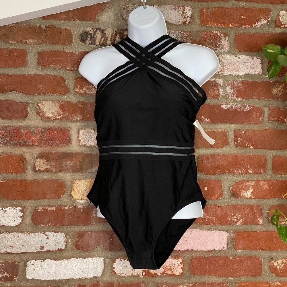 New Black Cross Over One Piece Swimsuit Size Medium - Picture 4 of 9